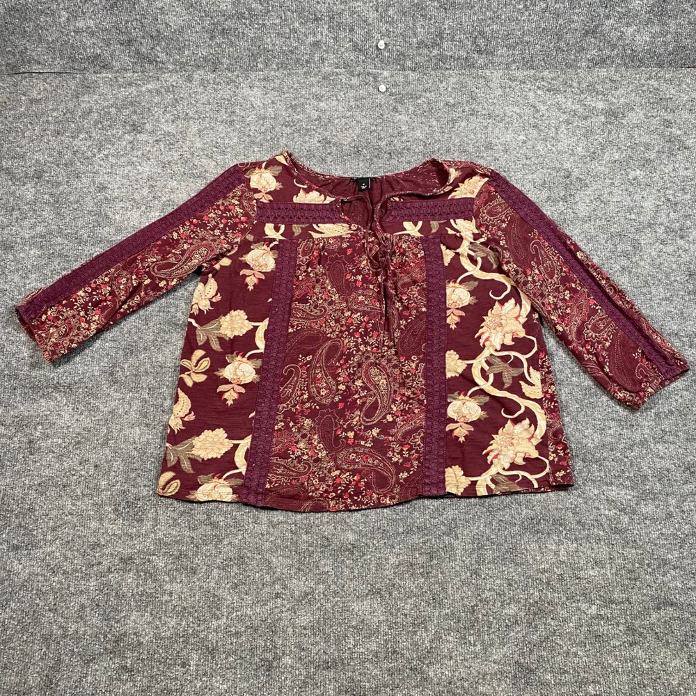 New Directions Womens Burgundy Paisley Floral Crochet Lace Trim Boho Blouse Med